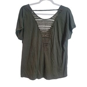 Tiny Olive Green Crochet Lace V-Back Short Sleeve Top Women Medium Boho Festival